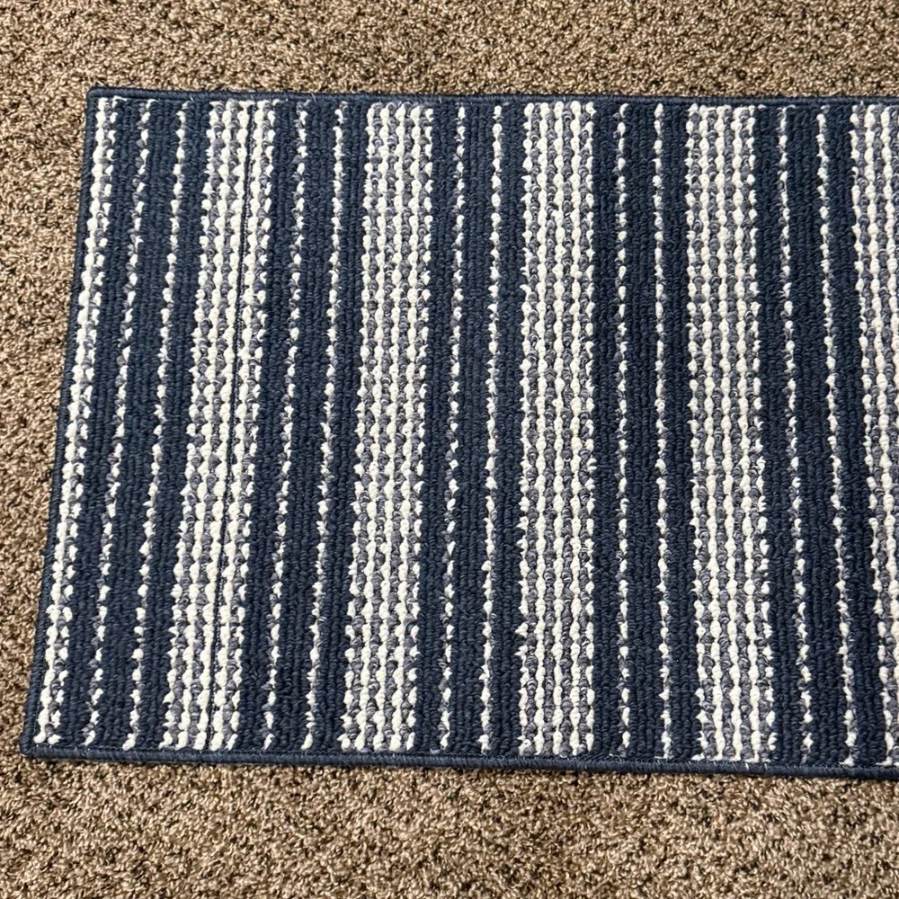 NEW. Area rug mat. Navy and white stripes